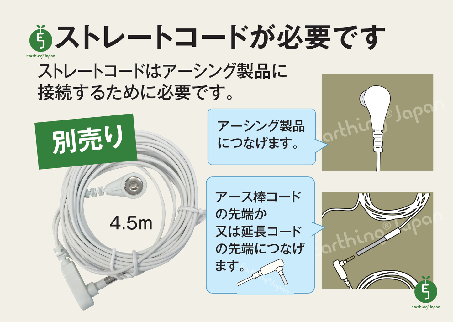 健康ヘルスに、地面に直接さしてアーシング・アース棒コード付3m(EJ製) - アーシング